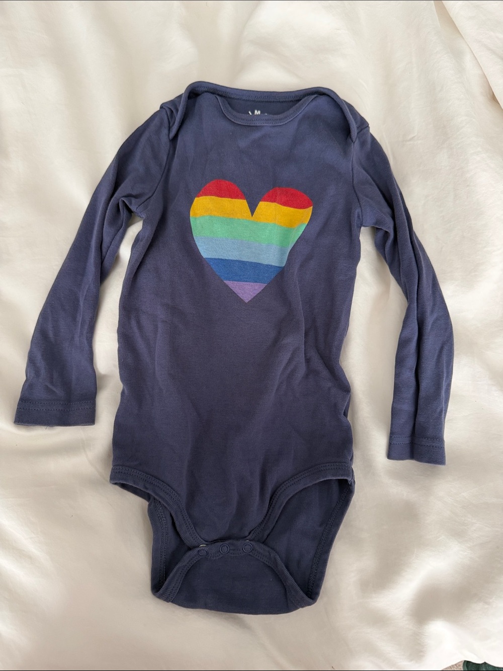 EUC Primary Long-Sleeve Navy Baby One-Piece with Rainbow Heart - 18-24